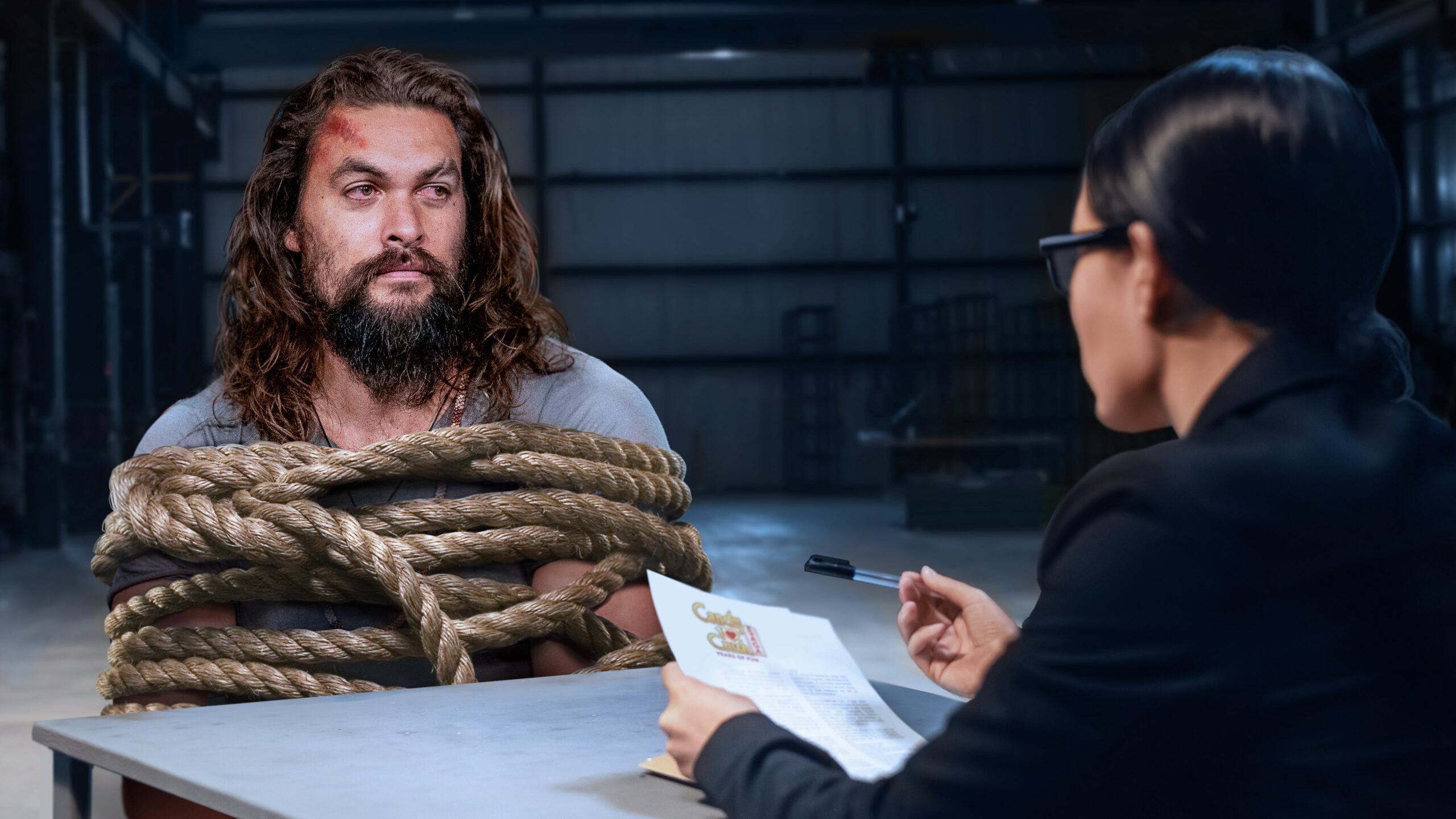 Jason Momoa Held Hostage, Forced to Read Mysterious ‘Candy Crush Saga’ Movie Script